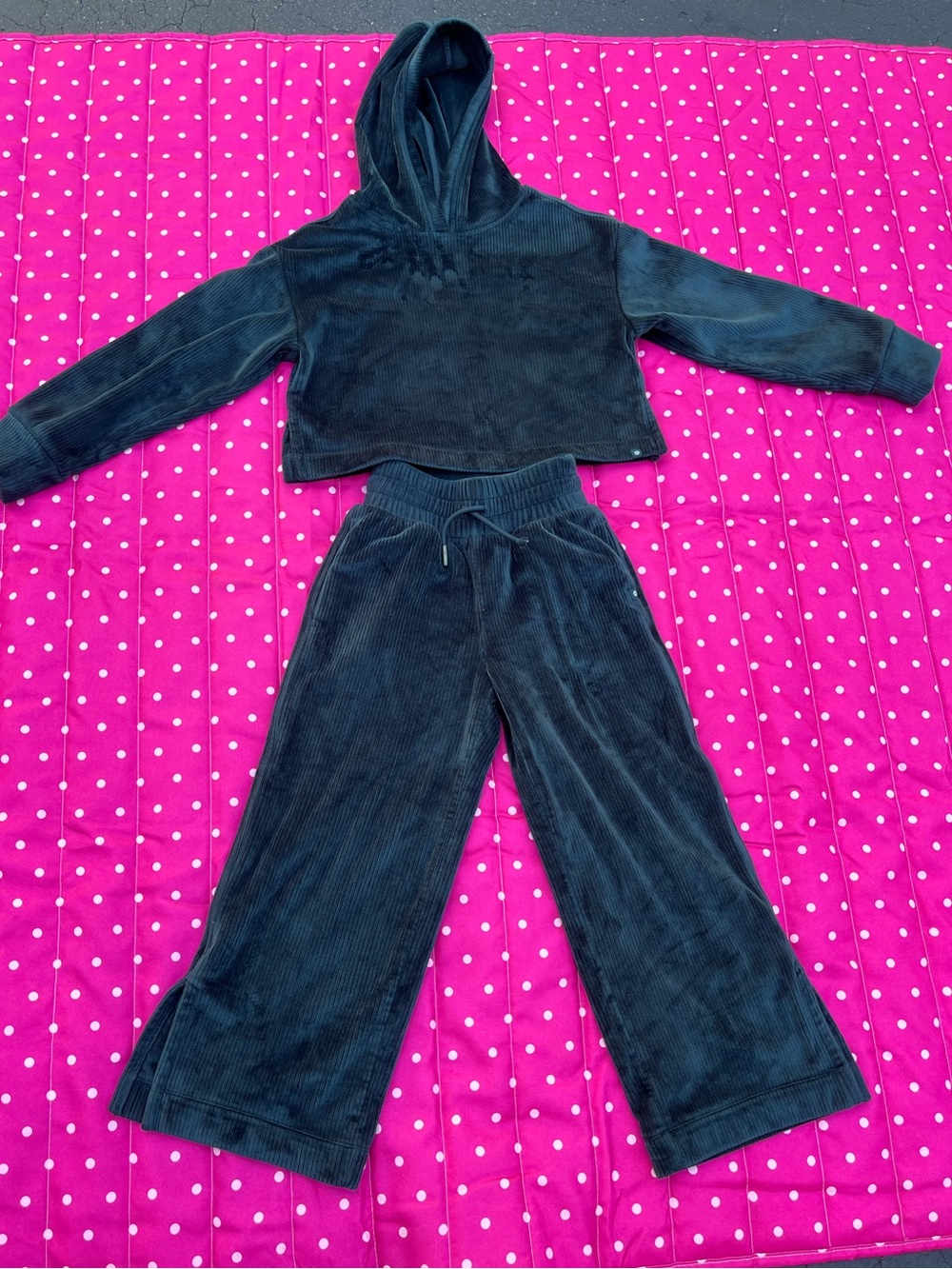 Athleta forest green Velour Kids Hoodie and Wide-Leg Pant Set